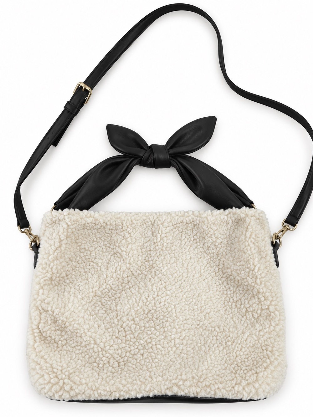 Who What Wear Cream Faux Shearling Shoulder Bag with Black Bow Handle